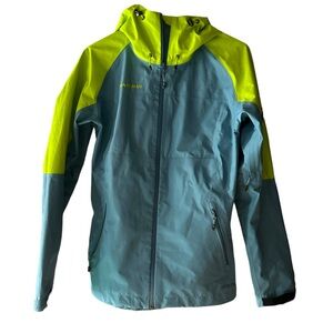 Gently worn Mammut size small rain jacket. Blue and neon green
